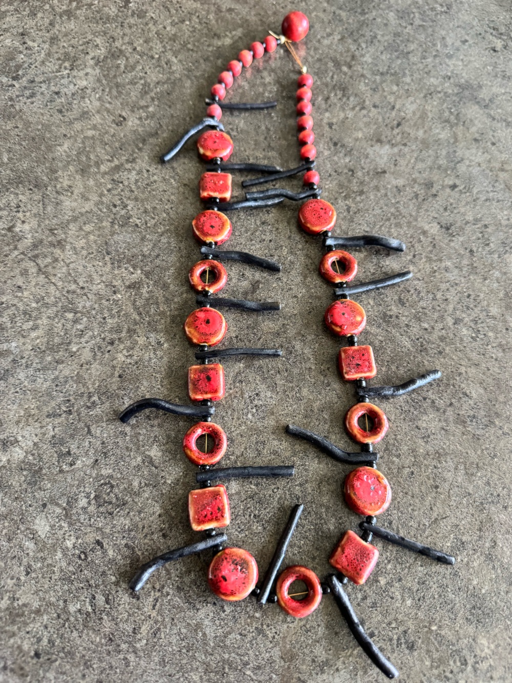 Artisan Handcrafted Red Ceramic & Black Stick Statement Tribal Necklace Y2K
